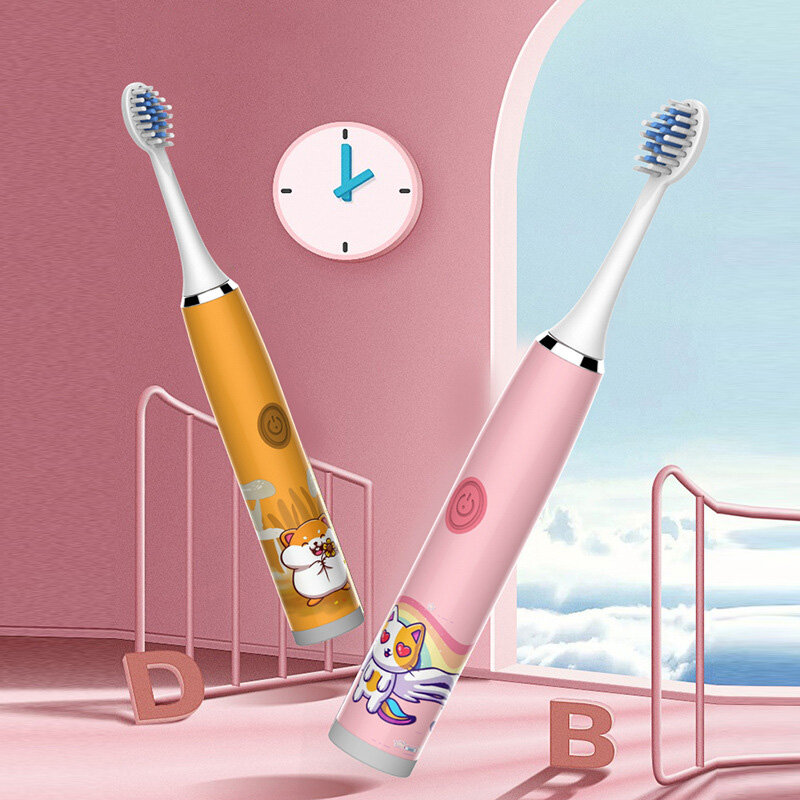Cepillo de dientes eléctrico de dibujos animados para niños con cabezal de repuesto, ultrasónico, impermeable, recargable, IPX7