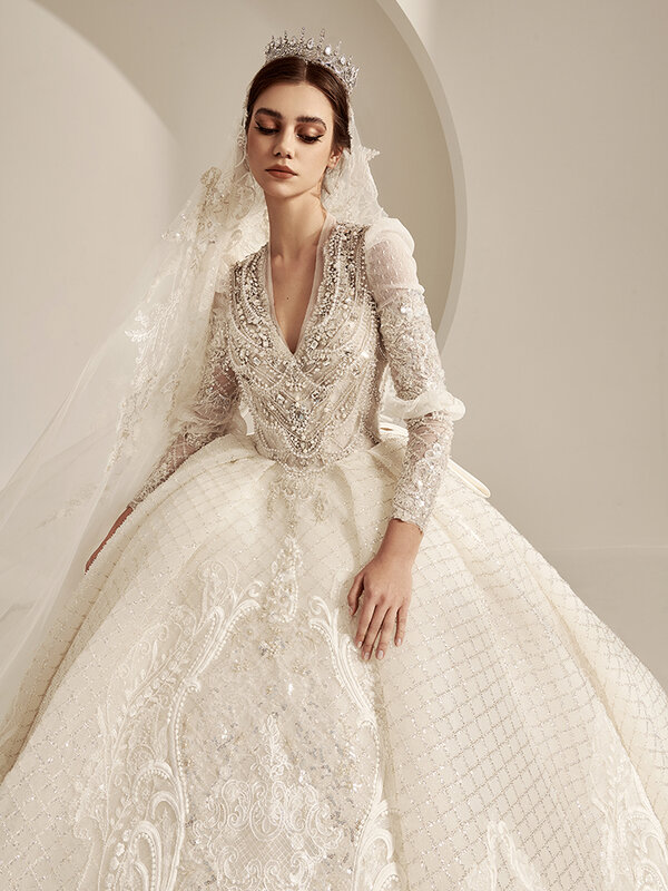 Alta qualidade luxo longo slevee royal cristal vestido de casamento com véu casamento 343