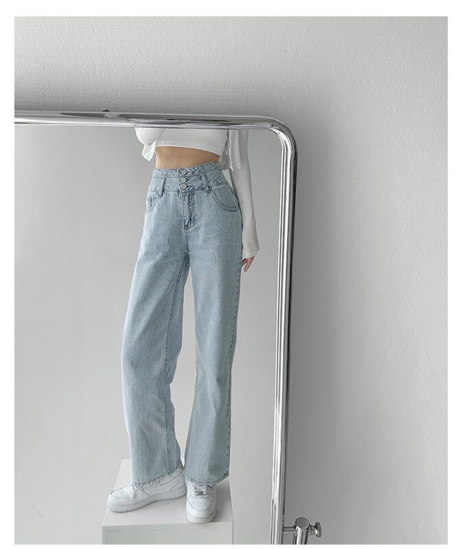 Vintage Style High Waisted Buttoned Jeans for Women's Clothing New Loose Fitting Trousers Pocket Blue Straight Wide Leg Pants