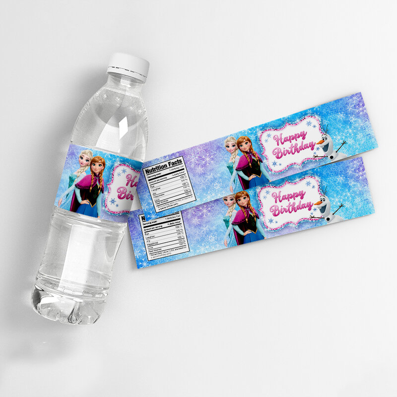 Disney-Etiquetas de botella de agua de princesa Elsa, suministros de fiesta, pegatinas de decoraciones de cumpleaños para niñas, regalos de fiesta de Baby Shower
