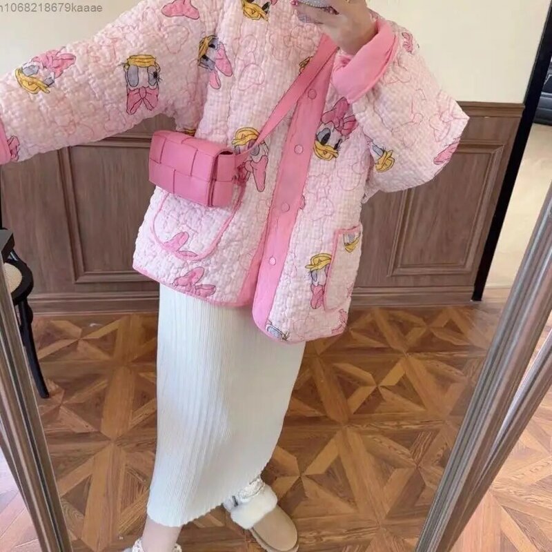 Розовые женские куртки Disney «Дональд Дак», осенне-зимнее хлопковое милое пальто, модный кардиган в Корейском стиле, топы Y2k, одежда в стиле Харадзюку