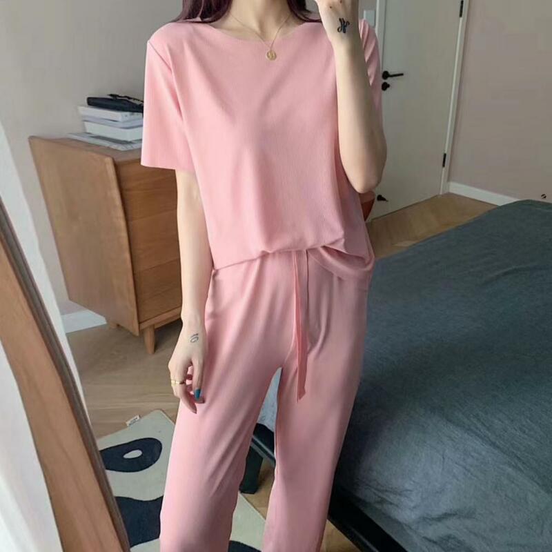 2Pcs/Set Fashion Leisure Outfit  Straight Wide Leg Thin Casual Outfit  Solid Color Thin Type Top Pants Sleepwear