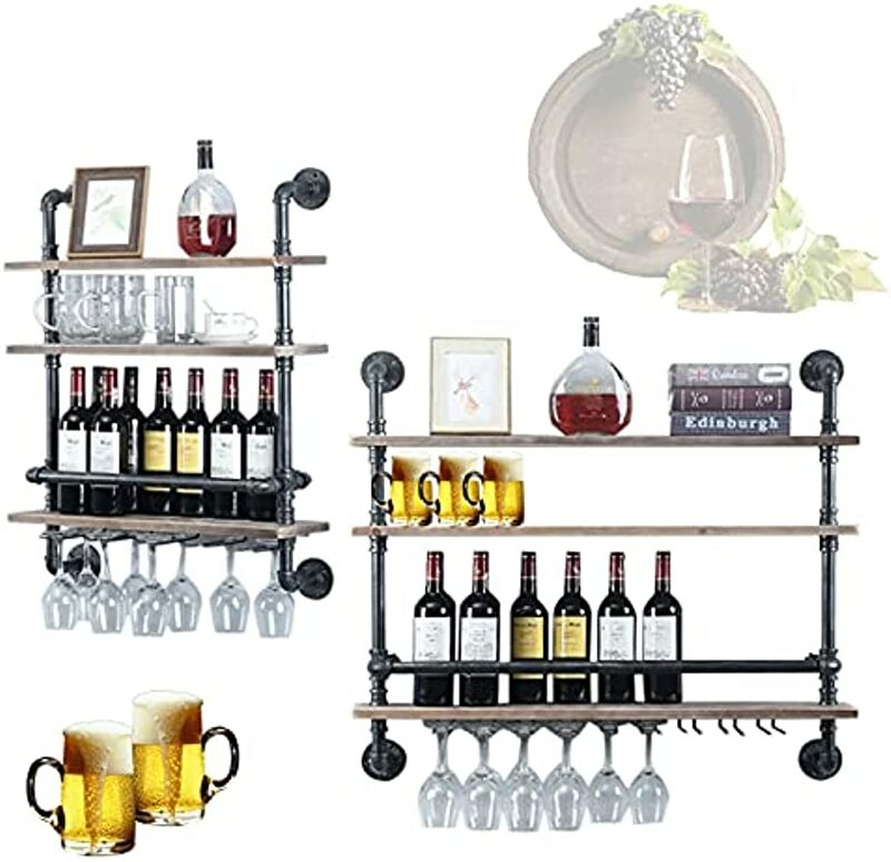 Rak pipa industri rak anggur dipasang di dinding dengan batang kaca pemegang 3-tier pedesaan mengambang Bar rak anggur rak Bar kabinet