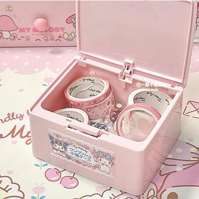Sanrio-caja de maquillaje con tapa abierta, hisopo de algodón, almacenamiento de escritorio de cosméticos, Hello Kitty Kuromi My melody, dibujos animados creativos, un toque