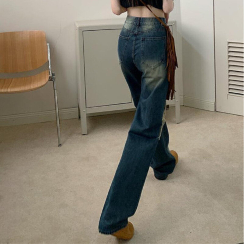 Новинка 2024, американские острые джинсы в стиле ретро, изношенные женские джинсы с дырками, женский дизайн, индивидуальные прямые напольные башни для улицы