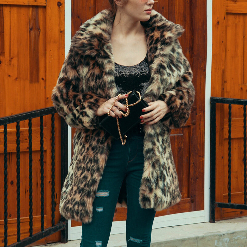 女性用ロングフェイクファーコート,ヒョウ柄のふわふわジャケット,防寒コート,人工皮革,2023