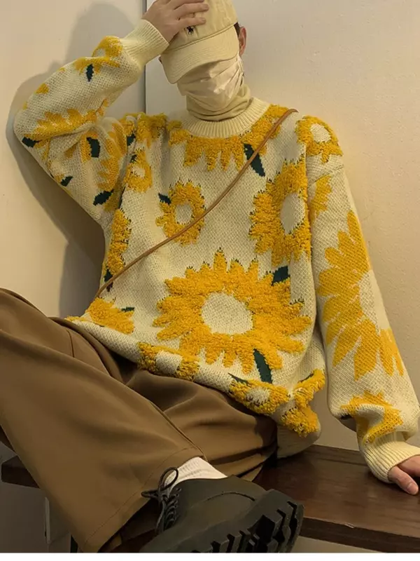 Flocking Floral Sweaters Men Baggy Spring Autumn Japanese Style Retro   High Street Harajuku Knitwear Slouchy Ins
