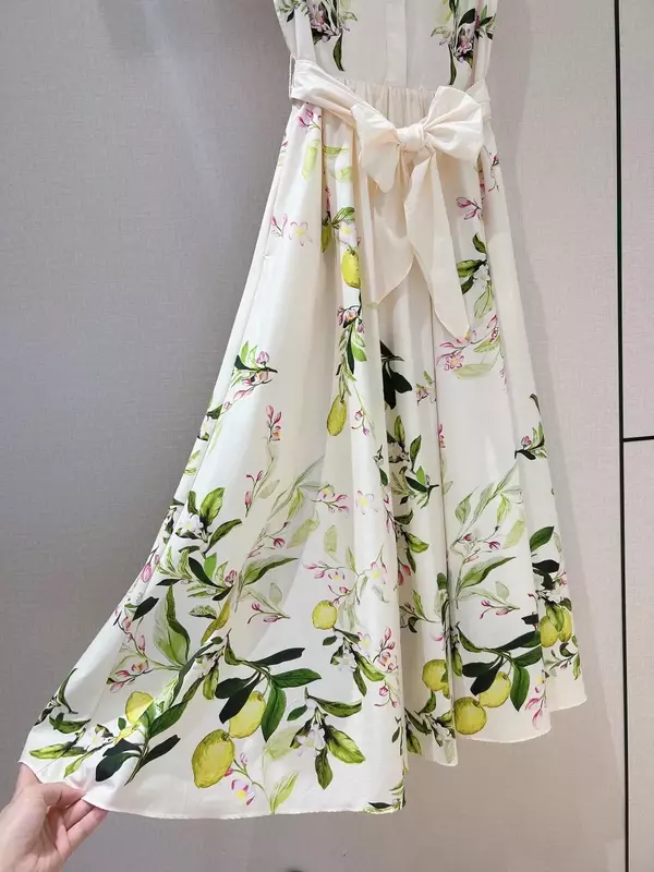 Colete com estampa de posição floral feminino Vestido Midi, algodão, laço automático, sem mangas, branco, limão, verão, novo