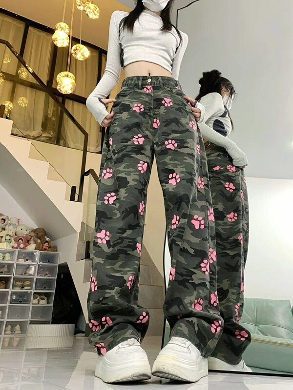 Camouflage printed high waist jeans for women American high street new high waist straight leg loose wide legs ins trend wash