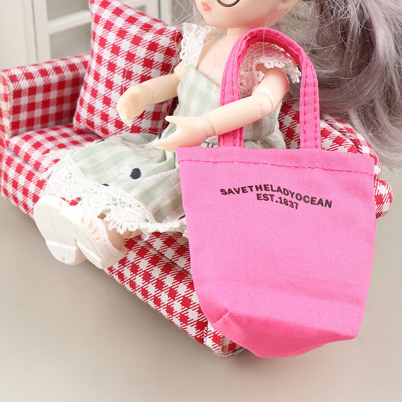 1Pcs Doll Letter Print Canvas Bags Mini Casual Shoulder Bag Handbag Doll Dress UP Toys For 1/6 Doll Decor Accessories
