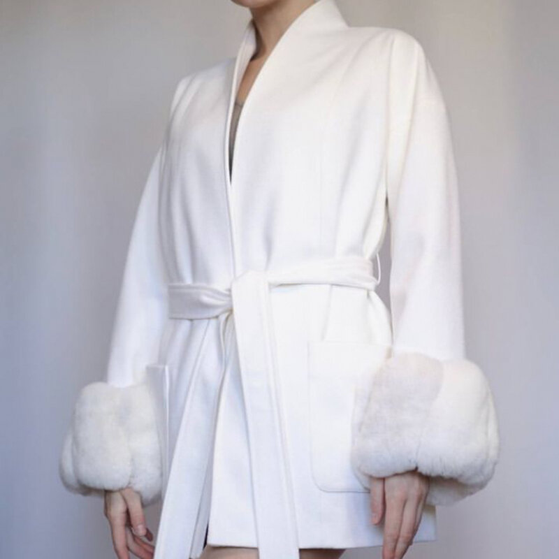 Casaco de caxemira de comprimento médio feminino, jaquetas de lã real, punhos naturais Rex Rabbit Fur, roupas luxuosas