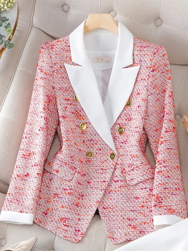 여성용 세트 블레이저 재킷, 긴 소매, 레드 핑크 격자 무늬, 여성 캐주얼 코트, 가을, 겨울 의류, 패션