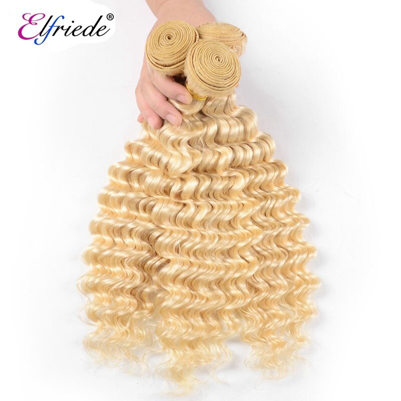 Elfriede #613 Blonde Deep Wave Bundles with Closure Brazilian Remy Human Hair Weaves 3 Bundles with 4X4 Transparent Lace Closure