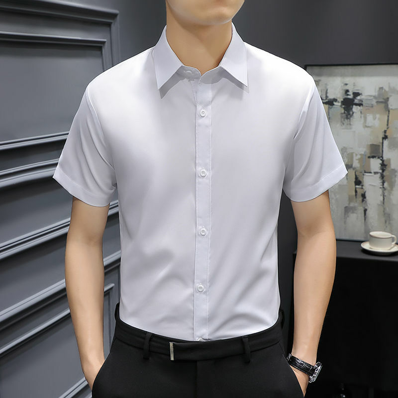 Summer Men Social Smart Casual Smooth Solid Shirt Streetwear Fashion Clothing Slim Anti-wrinkle Thin Business Short Sleeve Tops