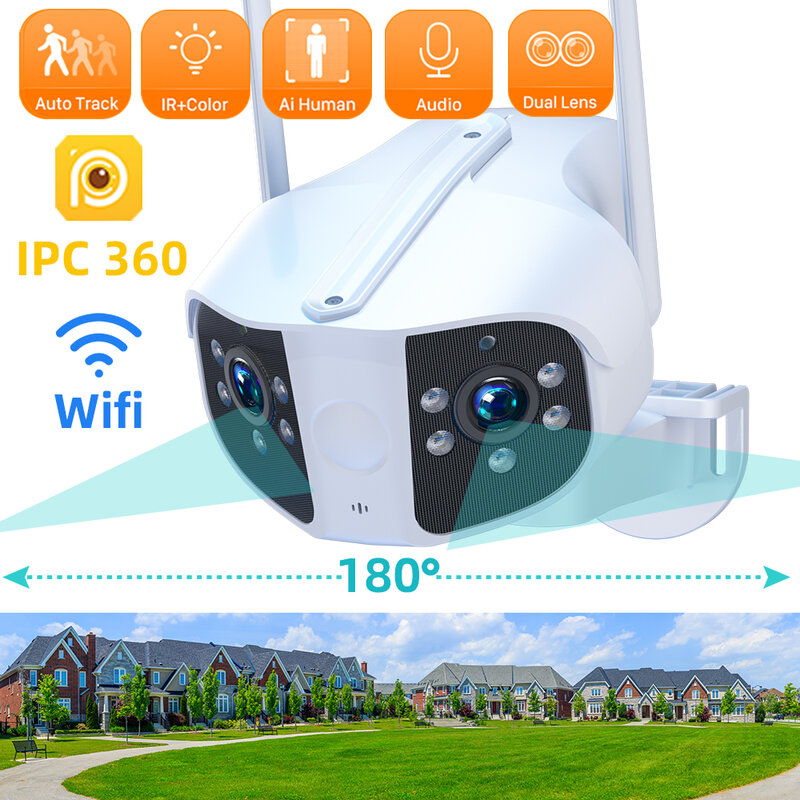 Kamera IP Wifi lensa ganda 4K 8MP, kamera IP luar ruangan 180 ° sudut pandang Ultra lebar, deteksi manusia panorama, kamera CCTV Video pengawasan
