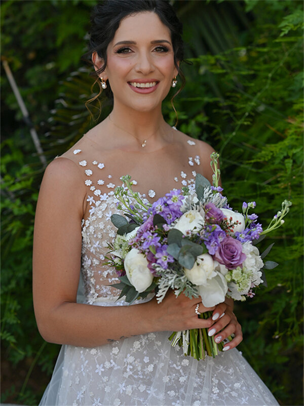 ชุดเดรสทรงเอไลน์สำหรับเจ้าสาว2024ลายดอกไม้ประดับด้วยเลื่อมลูกไม้ด้านหลังภาพลวงตาแขนกุดทรง13124