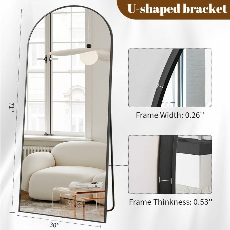 Quadro de liga de alumínio preto arqueado espelho de corpo inteiro, permanente e inclinado, elegante Home Decor, melhorar o estilo do quarto, 30 "x 71"