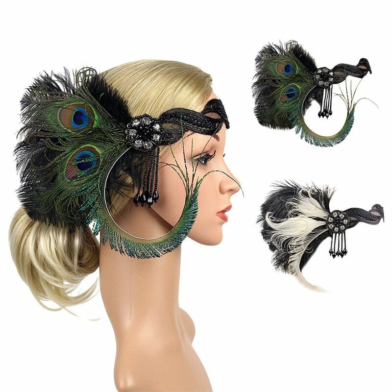 Aksesori rambut uniseks, dekorasi pakaian Vintage, hiasan kepala Gatsby, bulu Flapper pesta Halloween
