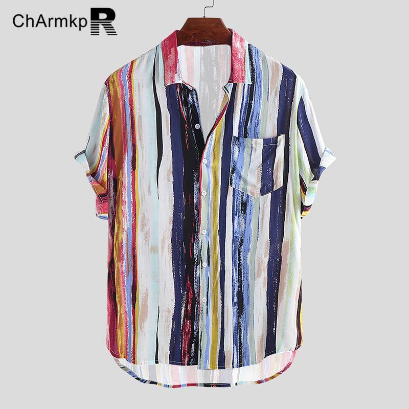 Mode ChArmkpR 2024 D'été Hommes Chemises À Manches Courtes Casual Rayé Chemise Streetwear Y-S-2XL