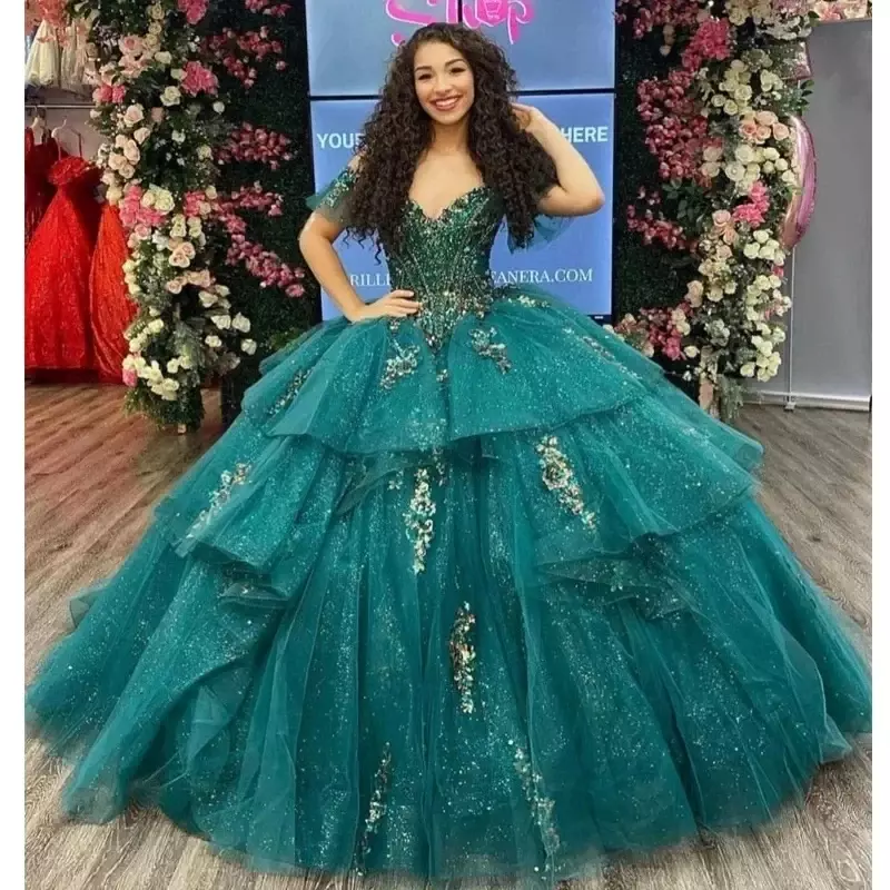 Vestido De quinceañera De princesa verde esmeralda brillante, vestido De baile sin hombros, apliques Mexiacan, fiesta De cumpleaños, 15 años