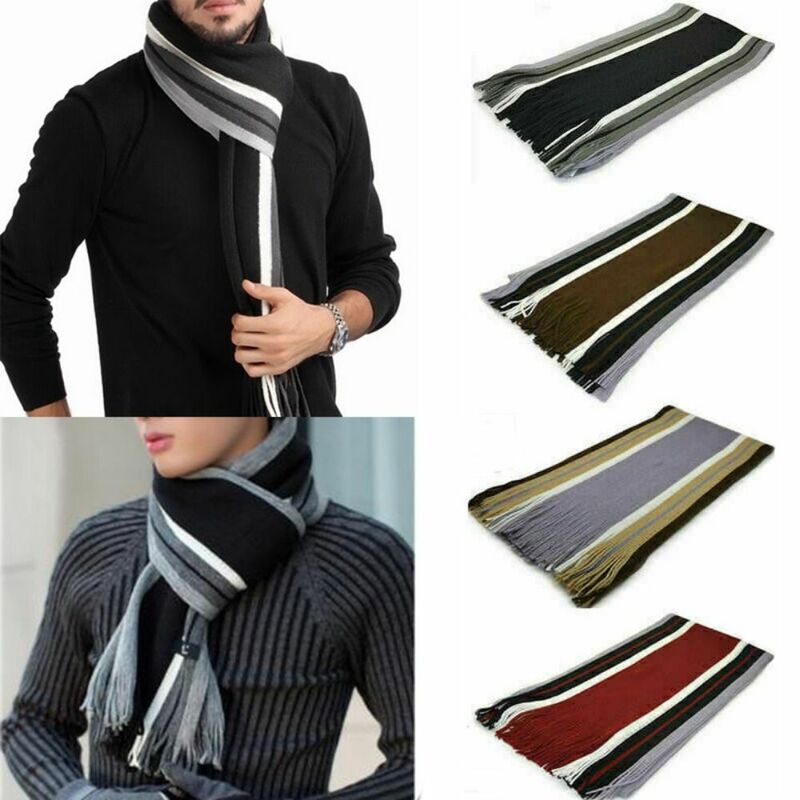 男性用カシミヤスカーフ,厚手のストライプ,カジュアルネックラップ,タッセルツール,柔らかく暖かい冬の長いショール