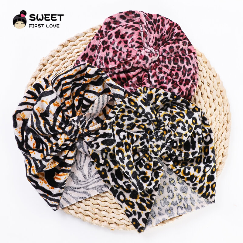 Novo inverno leopardo impressão velo bebê turbante boné de veludo quente artigos da menina recém-nascidos chapéu com arcos crianças acessórios para o cabelo da criança