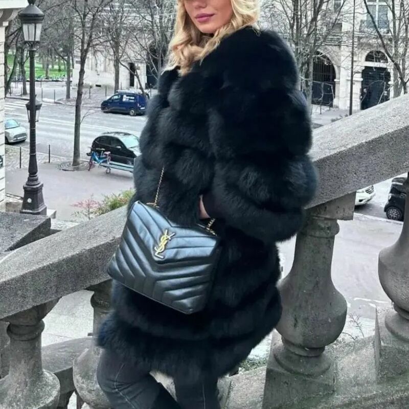 Winter jacke Weste Luxus langes pelziges Fell 100% natürlicher echter Fuchs pelzmantel für Damen warmer Mantel große Kleidung für Frauen10xlblack