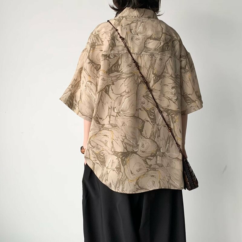 Camicie a maniche corte da uomo Vintage Slouchy Baggy traspirante seta di ghiaccio giapponese Harajuku Streetwear Teens Holiday Beach Y2k Top Ins
