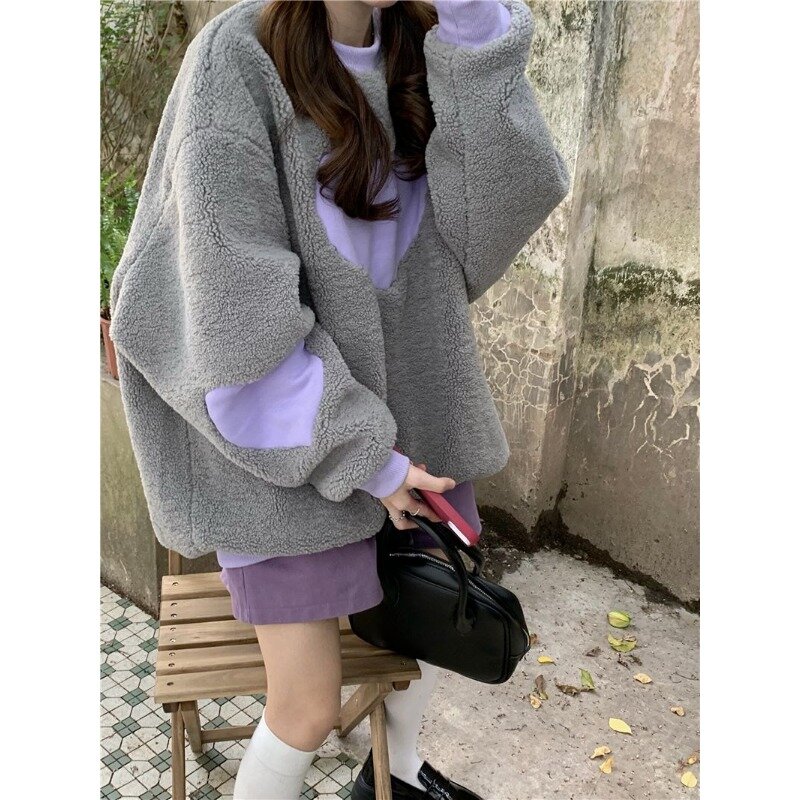 Suéter de felpa de cordero para mujer, Jersey suelto bordado de amor, versión coreana, top de otoño e invierno, 2023
