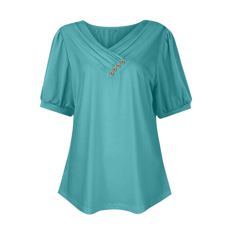 2024 Women's Casual V-Neck Short Sleeve T-Shirt Solid Color Button Top Топы больших размеров camisetas femininas 플러스사이즈 상의