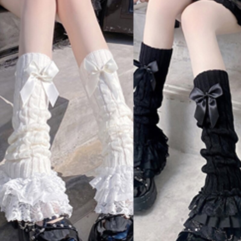 Calcetines calentadores piernas tejidos con Cable trenzado para mujer, medias cálidas con lazo, dobladillo encaje T8NB