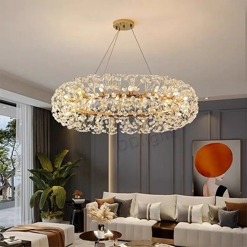 Candelabros de techo de cristal de flores LED modernos, lámpara colgante de lujo dorada, sala de estar, comedor, Lustre, luz colgante Circular, decoración