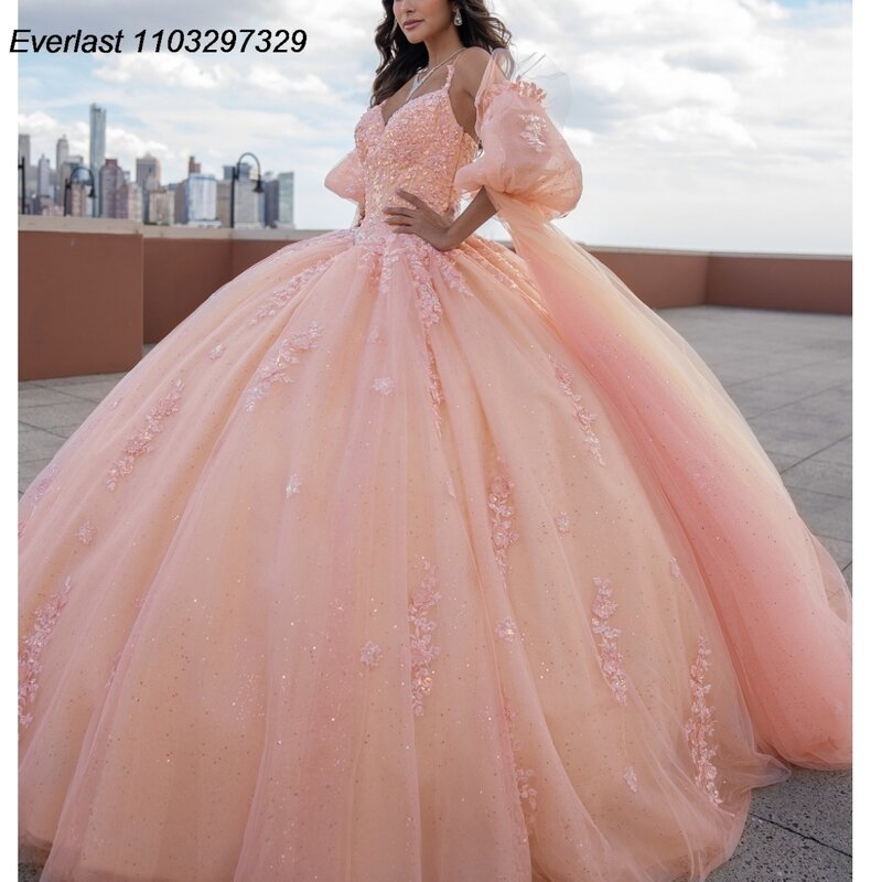 EVLAST rumieniec różowa sukienka na Quinceanera suknia balowa 3D aplikacja kwiatowa kryształowy bufiasty rękaw słodki 16 Vestido De 15 Anos TQD449