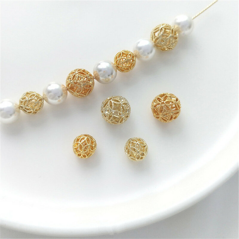 Bola hueca de oro claro de 14K, Bola de óxido, cuentas colgantes en forma de flor, pulsera de perlas hecha a mano, accesorios para pendientes