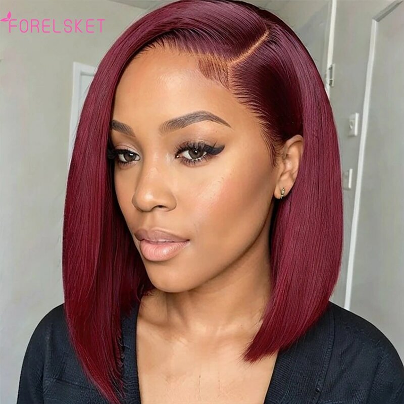 Бордовые парики 99J из человеческих волос на сетке спереди, винно-красный короткий прямой парик Боб 13x4 HD предварительно заправленные парики на застежке для чернокожих женщин