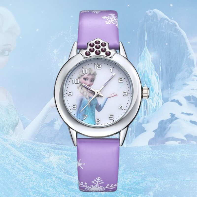 Montre Elsa avec bracelet en cuir pour enfants, dessin animé mignon, couronne de princesse, cadeaux de table pour filles