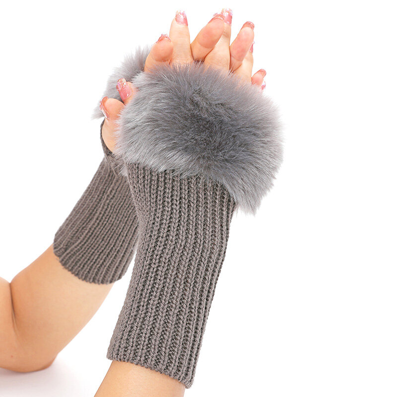 Sarung tangan wanita, mode wanita berbulu warna Solid bulu palsu rajut layar sentuh penghangat lengan hangat wol setengah jari musim dingin