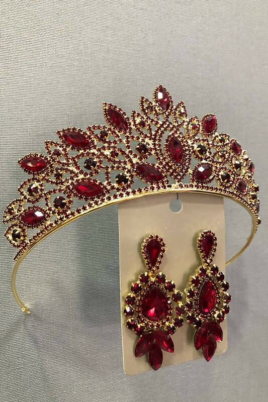 Dark Red Crystal Zirconia Gold Bridal Tiara Henna Kroon En Oorbellen Pack