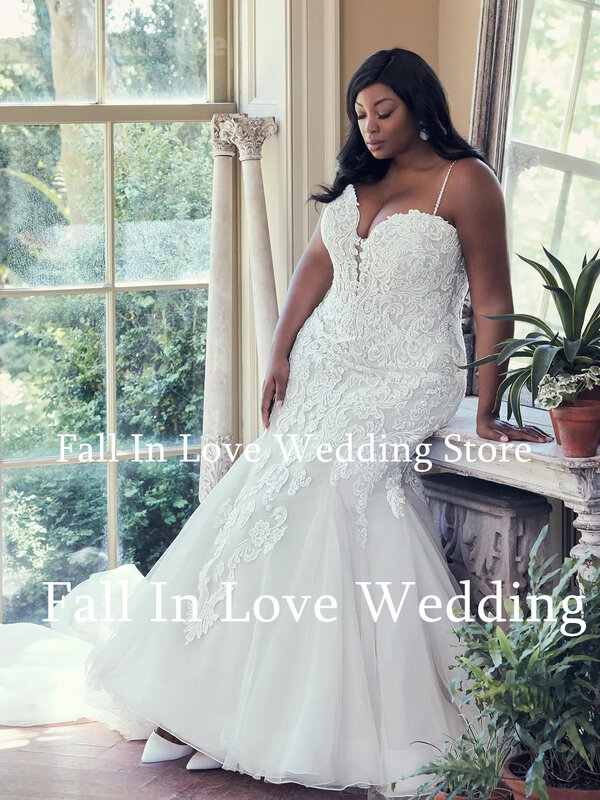 Fall In Love Plus Size Wedding Dress For Women Lace Appliques Mermaid Tulle Slip Straps Bridal Gown New Robe de mariée 2024