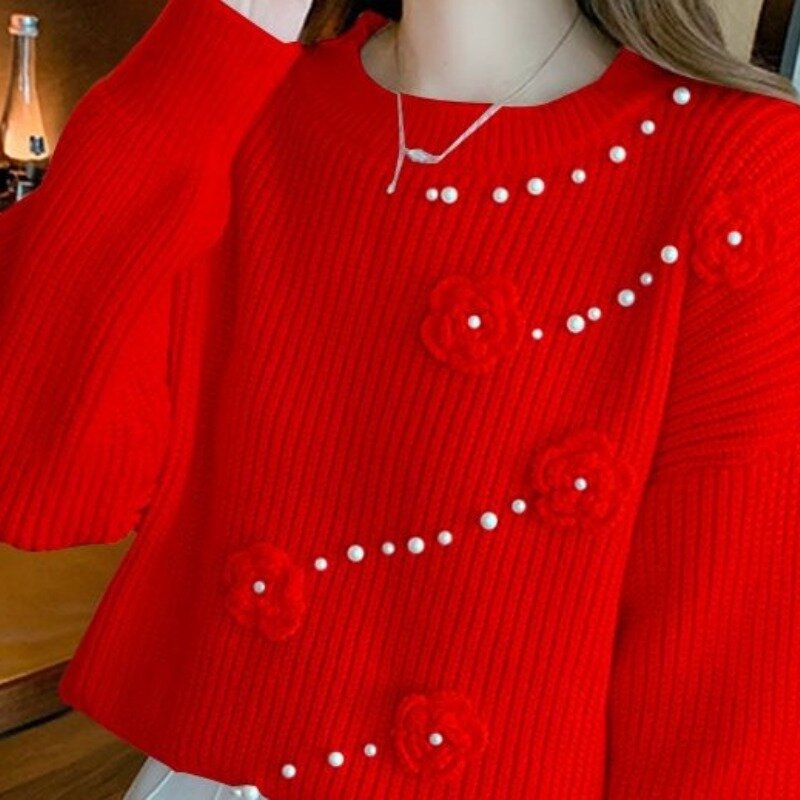 Women's Autumn Winter Fashion Elegant Round Neck Pullover Long Sleeve Solid Color Linen Casual Versatile Western Commuter Tops