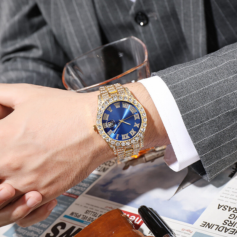 ヒップホップアイスアウト腕時計男性高級ブランドダイヤモンドメンズ腕時計カレンダークォーツ腕時計男性時計ギフト男性ドロップシッピングのための