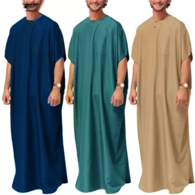 New Summer Muslim Middle East Arab Dubai Dress Malaysia Solid Color Short Sleeve Long Dress Muslim Robe Men's Casual Clothing