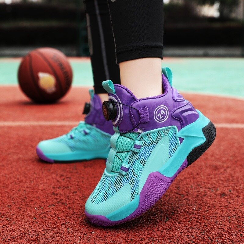 Zapatillas de baloncesto para niños, zapatos deportivos de malla transpirable con botón giratorio, zapatillas de baloncesto prácticas para niños, primavera y verano, 2024