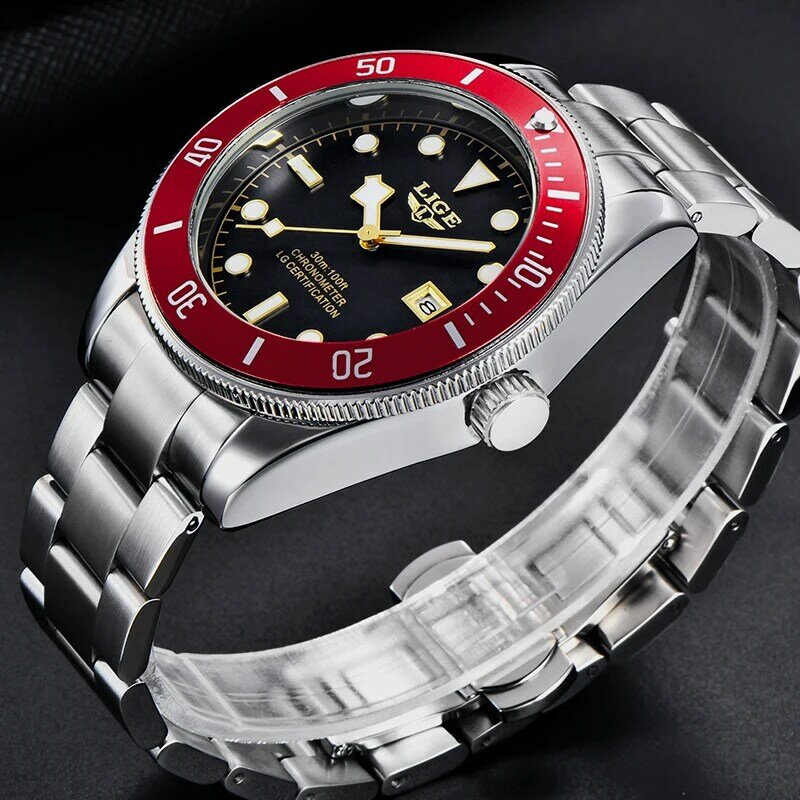 LIGE relógio de luxo masculino relógios de aço relógio de quartzo moda casual relógio de pulso 30 m à prova d'água luminoso automático data relogio masculino
