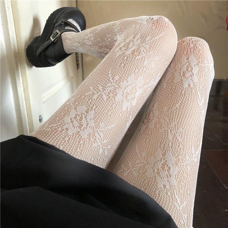 1pair White and Black Hollowed Out Lace Mesh Pantyhose Floral Rattan Bottomed Stockings