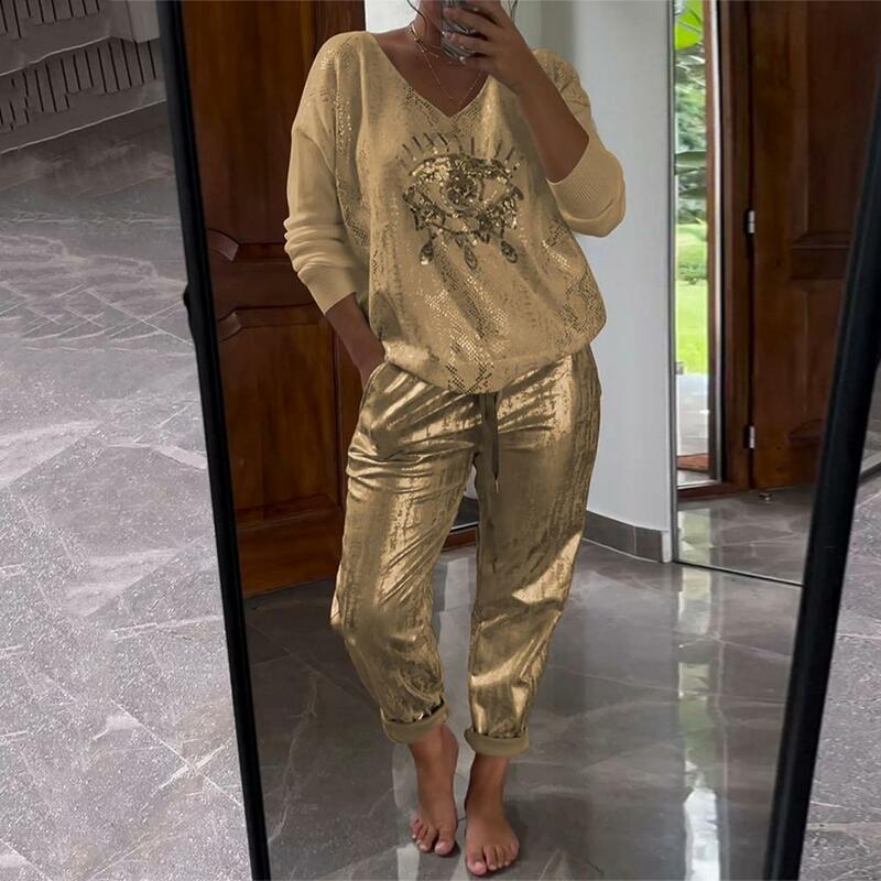 Lady Daily Outfit Women's Bronzing Loose Glossy Top Elastic Waist Pants Set with Side Pockets Casual Sport Clothes for Daily