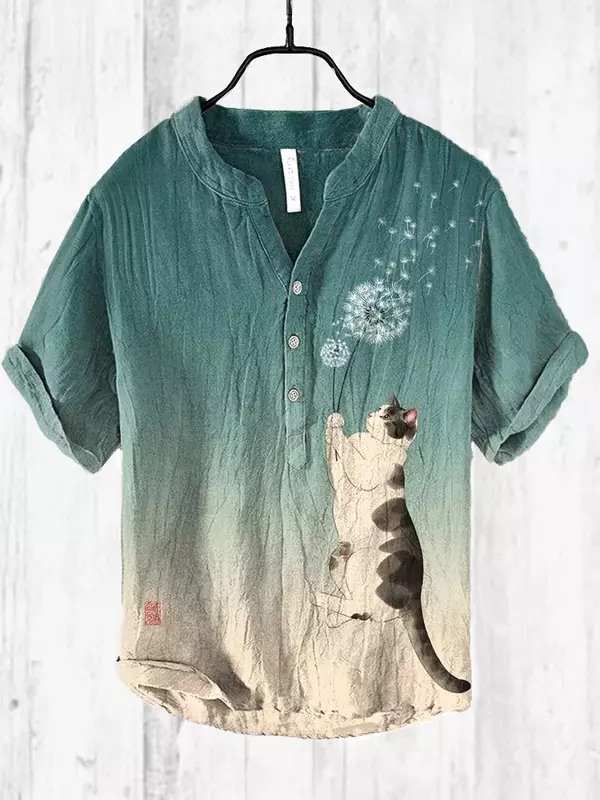 남성용 일본 예술 프린트 반팔 티셔츠, 2024 패션 도시 티셔츠, V넥 헨리 셔츠, 여름