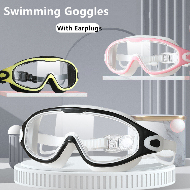 Lunettes de natation à grande monture pour adultes, avec bouchons d'oreille, pour hommes et femmes, professionnelles, HD, anti-buée, en silicone