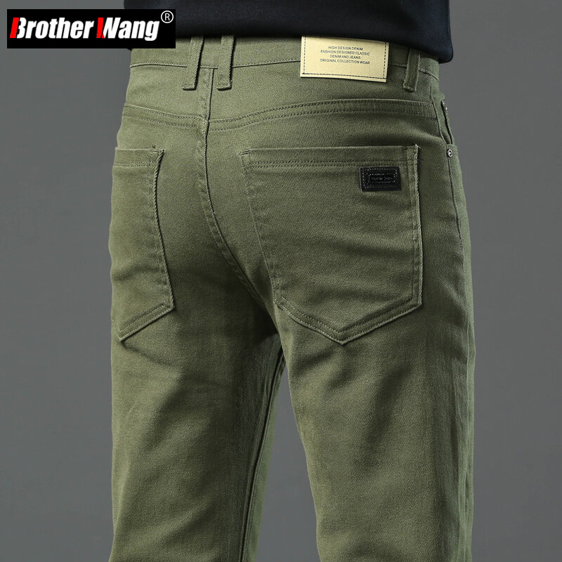 Jeans Stretch masculino, elegante e versátil, calça jeans de tecido macio, de marca masculina, verde-exército e café, nova, outono