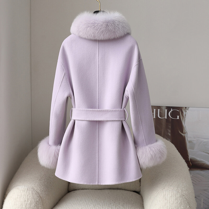 Pudi-abrigo de tela de lana auténtica para mujer, chaqueta cálida con cuello de piel de zorro Real, CT360, nuevo diseño, invierno, 2023